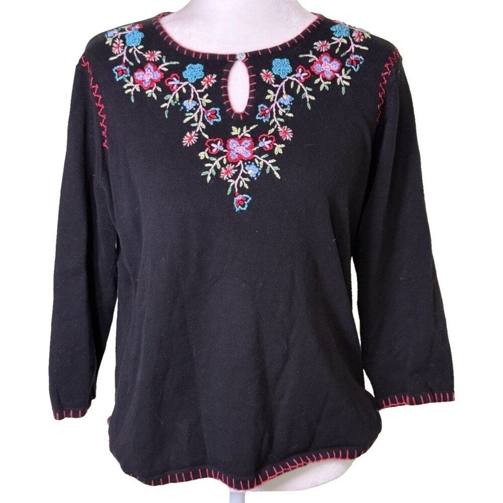 Women’s Black Floral Folk Festival Hippie Embroidered Peasant‎ Top Cottagecore M